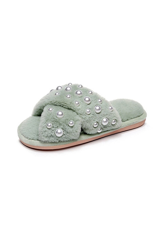 Fluffy Pearls Green Sandals