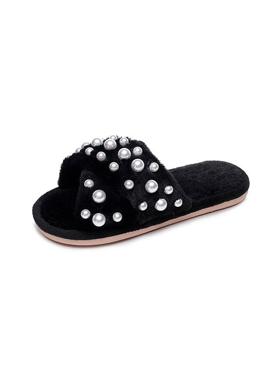 Fluffy Pearls Black Sandals