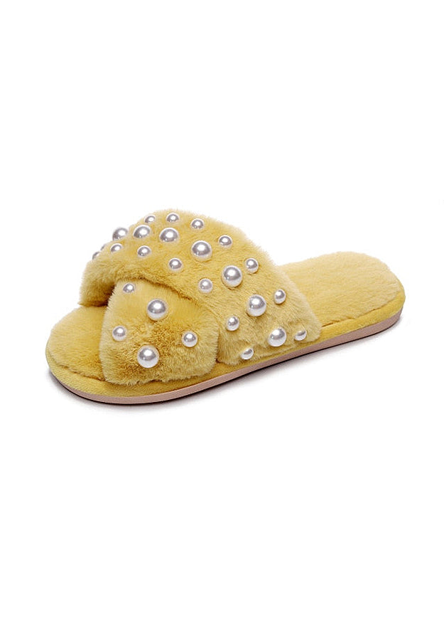 Fluffy Pearls Yellow Sandals