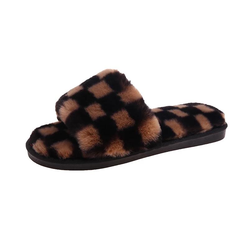 Fluffy Check Brown Sandals