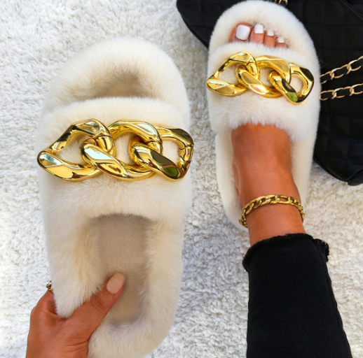 Fluffy Chain Beige Slippers