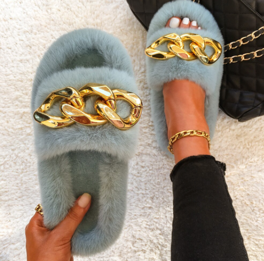 Fluffy Chain Blue Slippers
