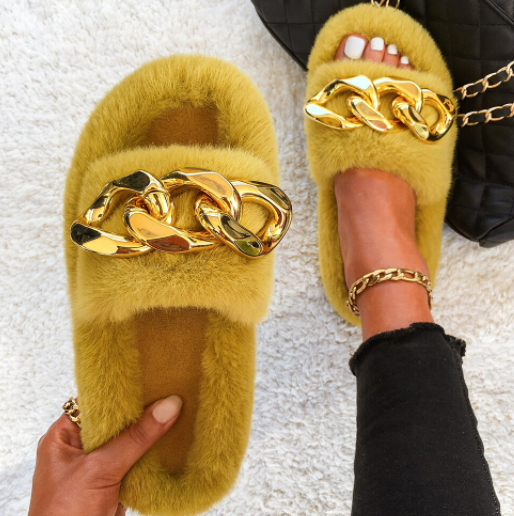 Fluffy Chain Yellow Slippers