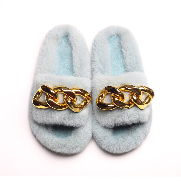Fluffy Chain Blue Slippers