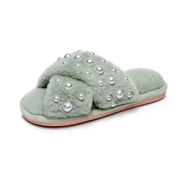 Faux Pearl Decor Cross Strap Fluffy Bedroom Slippers | SHEIN USA
