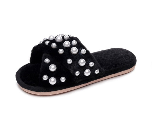 Fluffy Pearls Black Sandals