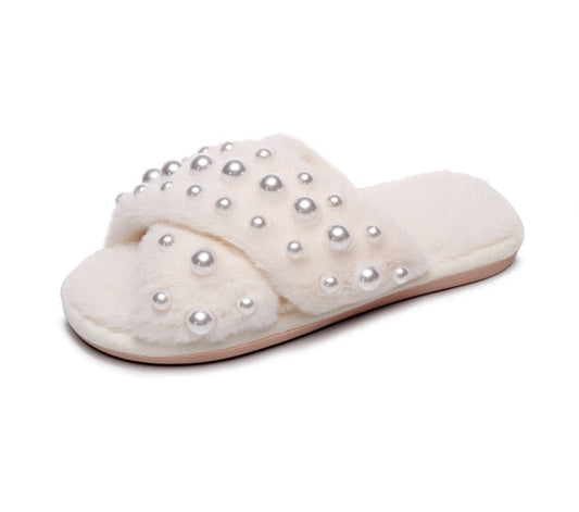 Fluffy Pearls White Sandals