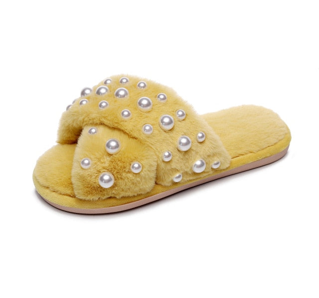 Fluffy Pearls Yellow Sandals